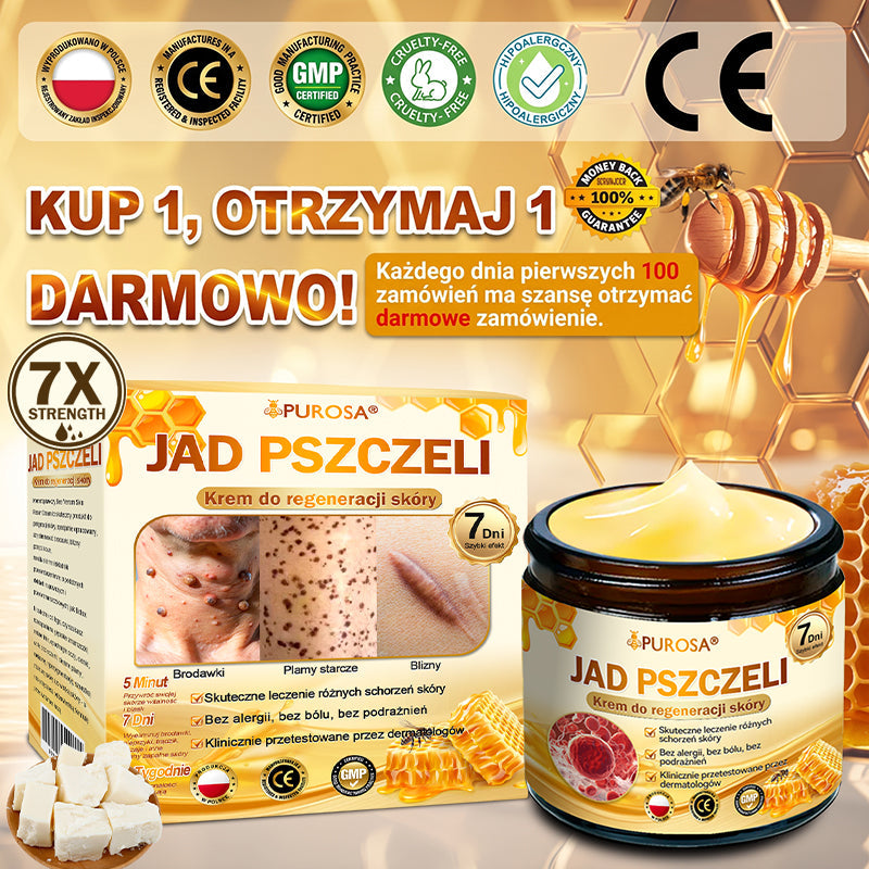 Wyprodukowano i wysłano z Polski 🐝🍀 PUROSA® Krem odnowy skóry z jadem pszczelim 🔥 Ostatni dzień – 50% zniżki 🔥
